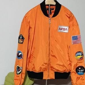 Forever 21 Orange Bomber Jacket with Space Patches